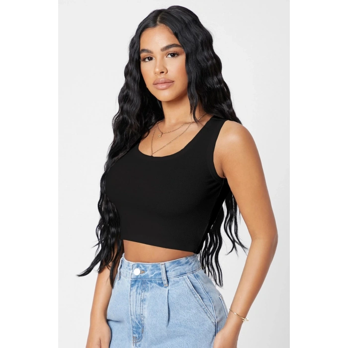 Kadın Siyah Kare Yaka Crop Top Bluz