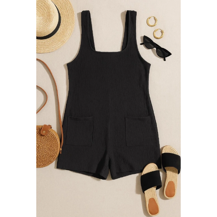 Kadın Siyah Mini Cepli Tulum Plaj Elbisesi