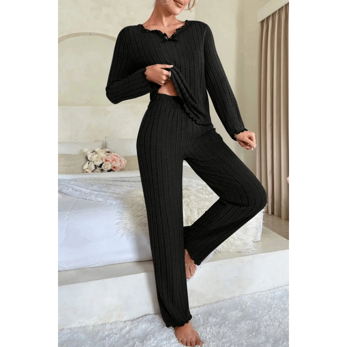 Kadın Siyah Uzun Kollu Fiyonklu Yuvarlak Yaka Mevsimlik Pijama Takımı