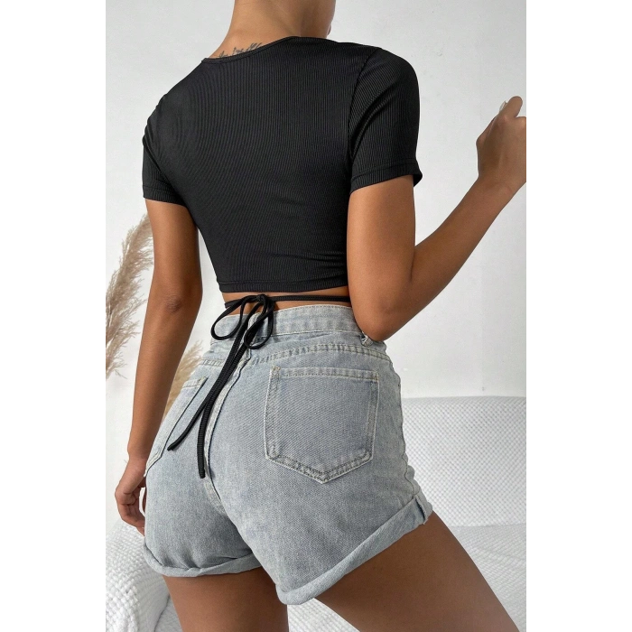 Kadın Siyah Yarım Kol Çapraz Bağlamalı Crop Top Bluz