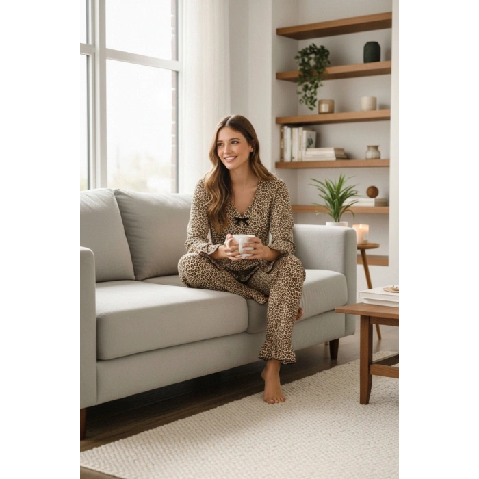 Kadın Uzun Kollu Leopar Desenli Fiyonklu Ev Giyim Pijama Takımı