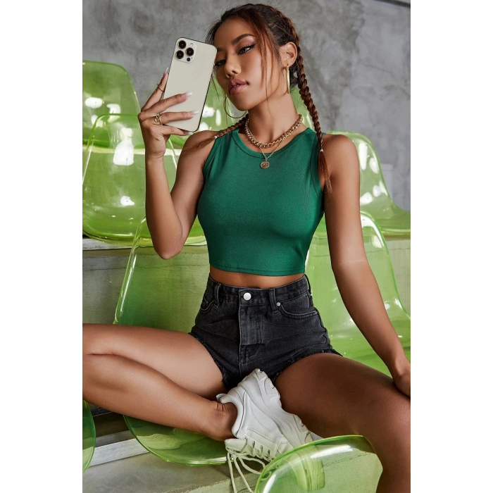 Kadın Yeşil Kare Yaka Crop Top Bluz