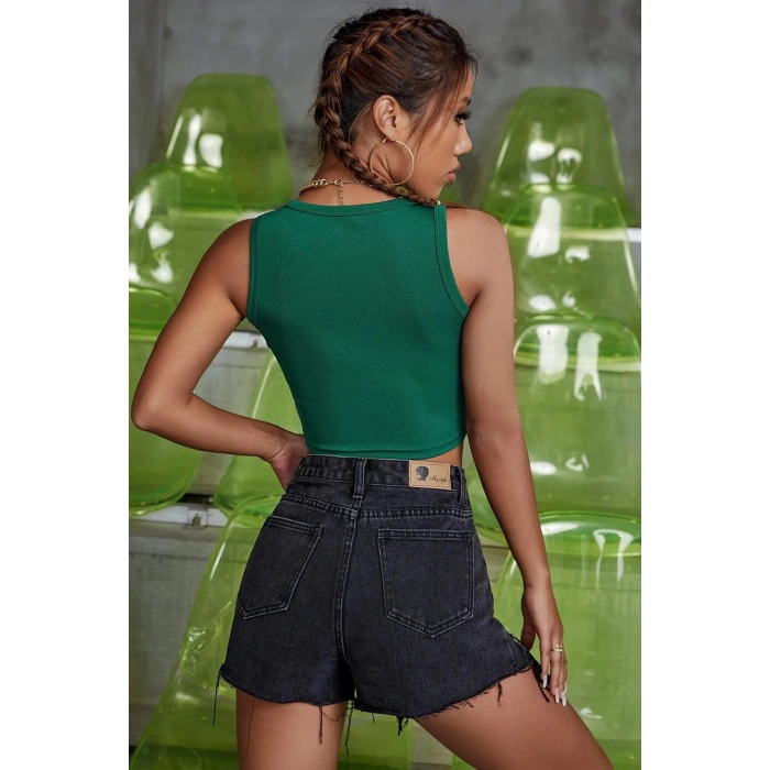 Kadın Yeşil Kare Yaka Crop Top Bluz