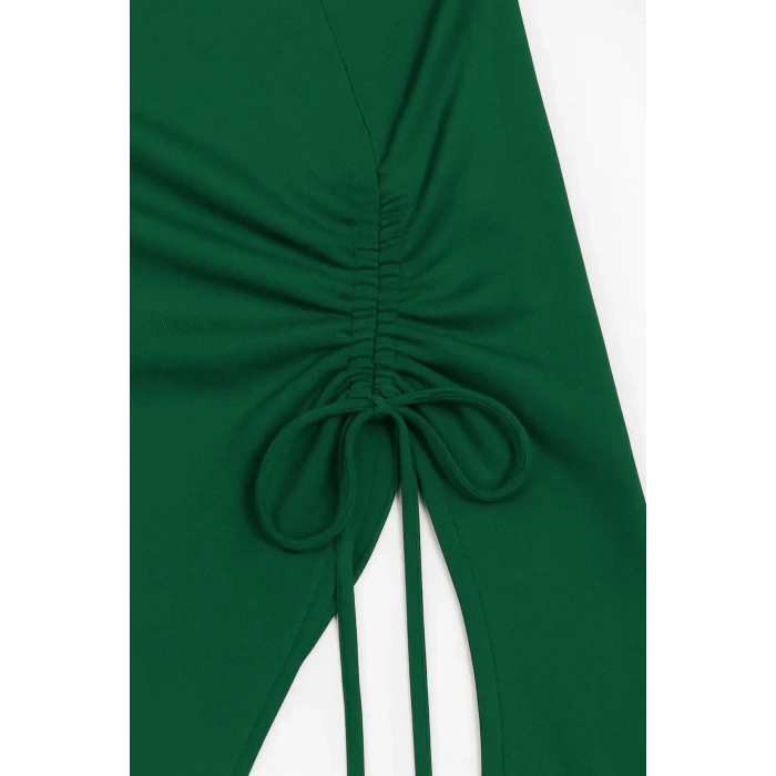 Kadın Yeşil Uzun İspanyol Kollu Asimetirik Yaka Yandan Bağlamalı Drapeli Bluz