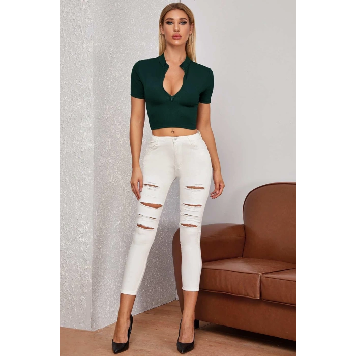 Kadın Yeşil Yarım Fermuarlı ve Kısa Kollu Crop Top Bluz