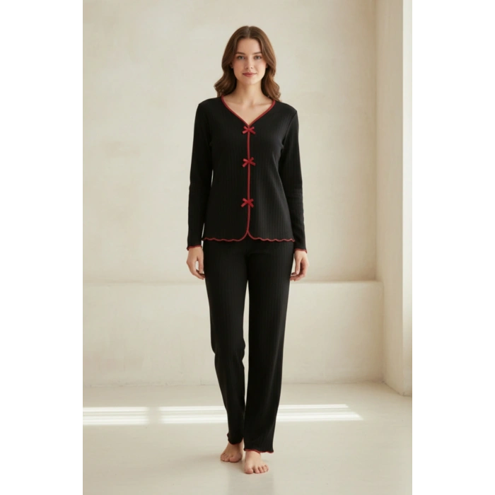 Premium Kadın 4’lü Fitilli Set – Siyah Kırmızı Biyeli (Pijama Üst, Pantolon, Bikini Takımı)
