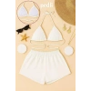 Kadın Beyaz Şortlu Belden ve Boyundan Bağlamalı Bikini Takımı