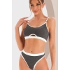 Kadın Gri Antrasit Kaşkorse ve Beyaz Lastikli Cut-Out Tanga Külotlu Takım