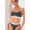 Kadın Gri Antrasit Kaşkorse ve Beyaz Lastikli Cut-Out Tanga Külotlu Takım