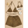 Kadın Leopar Desenli Şortlu Belden ve Boyundan Bağlamalı Bikini Takımı