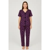 Kadın Mor Kalp Desenli Fiyonklu Kısa Kollu Uzun Pijama Takımı