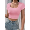 Kadın Pembe Yarım Kol Düz Yaka Crop Top Bluz
