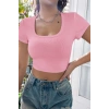 Kadın Pembe Yarım Kol Düz Yaka Crop Top Bluz