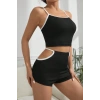 Kadın Siyah Beyaz Şortlu Cut-Out Detaylı Gecelik Takımı