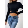 Kadın Siyah Çapraz Bel Detaylı Dik Yaka Uzun Kol Crop Top Bluz