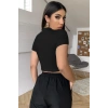 Kadın Siyah Göğüs Dekolteli Yarım Kollu Cut Out Crop Top Bluz