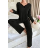Kadın Siyah Uzun Kollu Fiyonklu Yuvarlak Yaka Mevsimlik Pijama Takımı