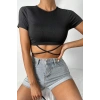 Kadın Siyah Yarım Kol Çapraz Bağlamalı Crop Top Bluz