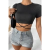 Kadın Siyah Yarım Kol Çapraz Bağlamalı Crop Top Bluz
