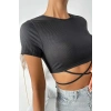 Kadın Siyah Yarım Kol Çapraz Bağlamalı Crop Top Bluz