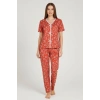Kadın Turuncu Kalp Desenli Fiyonklu Kısa Kollu Uzun Pijama Takımı