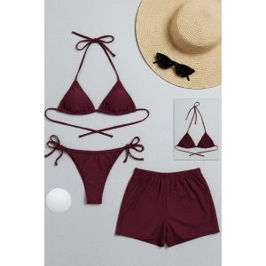 Kadın 3lü Set Bordo Şortlu ve Yandan Bağlamalı Bikini Mayo Takımı