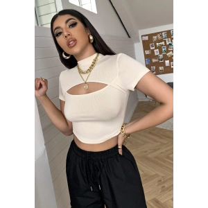 Kadın Ekru Göğüs Dekolteli Yarım Kollu Cut Out Crop Top Bluz