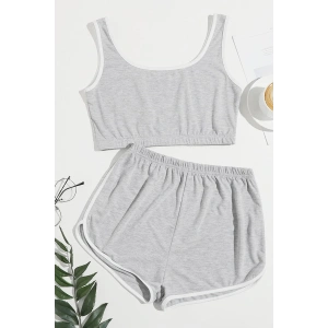 Kadın Gri Askılı Crop Top ve Şortlu Gecelik Takım