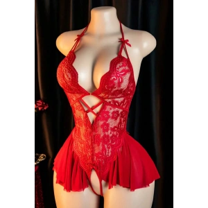 Kadın Kırmızı Dantel ve Tül Detaylı Derin V Yaka Teddy Gecelik