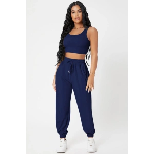Kadın Lacivert Kaşkorse Cepli Jogger Eşofman Altı ve Crop Top Bluz