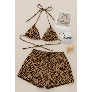 Kadın Leopar Desenli Şortlu Belden ve Boyundan Bağlamalı Bikini Takımı