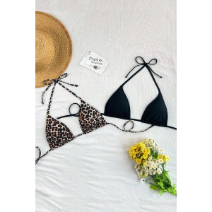 Kadın Leopar Desenli ve Siyah Minimal Kesim Üçgen Bikini Üstü