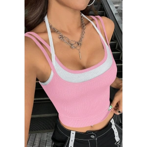 Kadın Pembe Beyaz Çift Renk Çapraz Askılı Crop Top Bluz