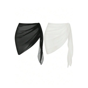 Kadın Siyah Beyaz Transparan Belden Bağlamalı Pareo 2li