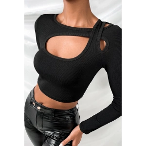 Kadın Siyah Göğüs Dekolteli Çapraz Askılı Uzun Kollu Crop Top Bluz