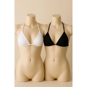 Kadın Siyah ve Beyaz Minimal Kesim Üçgen Bikini Üstü