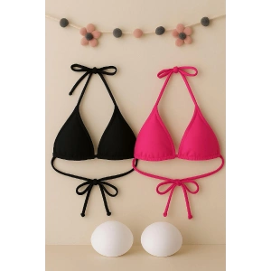 Kadın Siyah ve Fuşya Minimal Kesim Üçgen Bikini Üstü