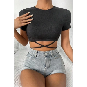 Kadın Siyah Yarım Kol Çapraz Bağlamalı Crop Top Bluz