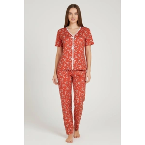 Kadın Turuncu Kalp Desenli Fiyonklu Kısa Kollu Uzun Pijama Takımı