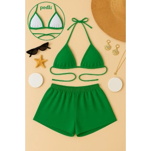 Kadın Yeşil Şortlu Belden ve Boyundan Bağlamalı Bikini Takımı