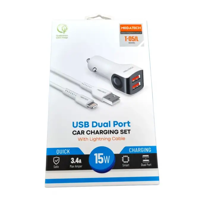 MEGATECH ARAÇ ŞARJ SETİ 3.4 AMPER İOS 2USB (EN405)
