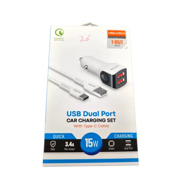 MEGATECH ARAÇ ŞARJ SETİ 3.4 AMPER TYPE-C 2 USB