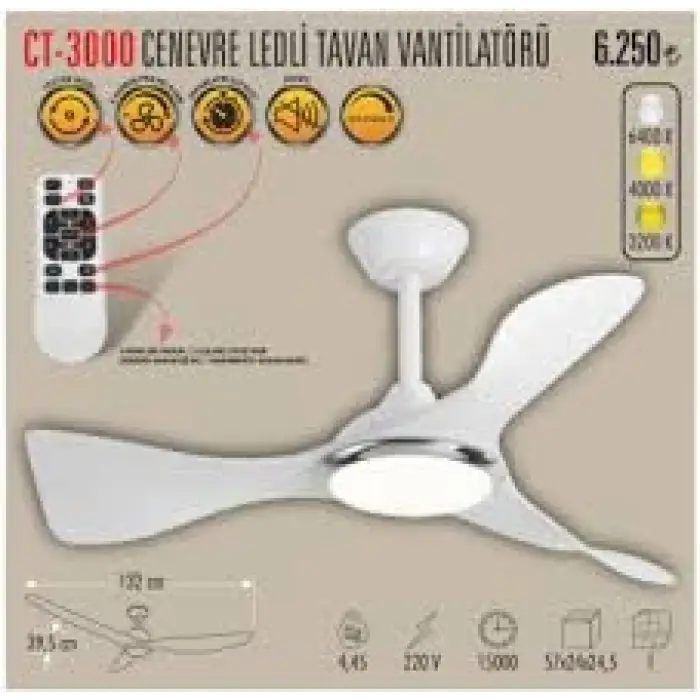 CATA CENEVRE LED TAVAN VANTİLATÖR SEZSİZ CT-3000