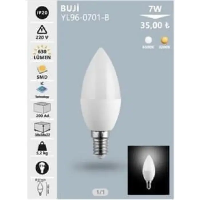 NOAS LED AMPUL BUJİ 7 W BEYAZ 6500K YL96-0701-B