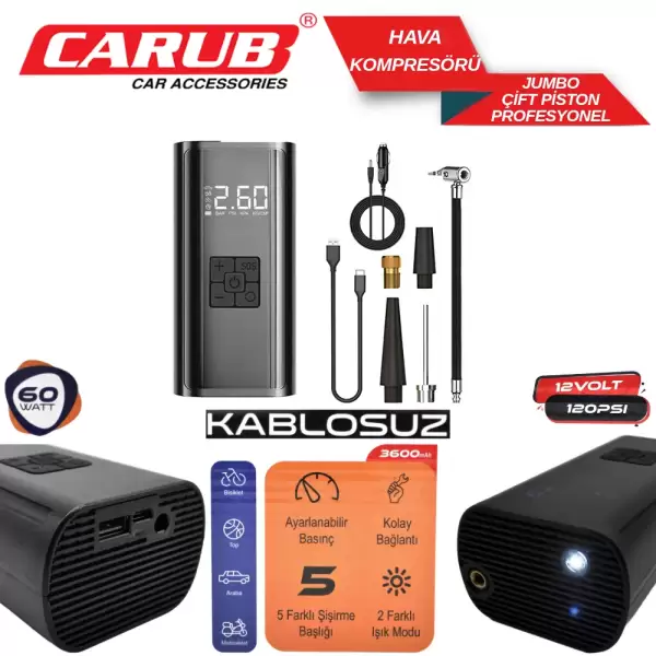 CARUB HAVA KOMPRESÖRÜ DİJİTAL ŞARJLI 60W 2491331