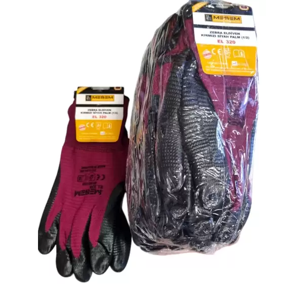 MEŞEM ZEBRA ELDİVEN 1/2 KIRMIZI-SİYAH 320(PK-12Lİ)
