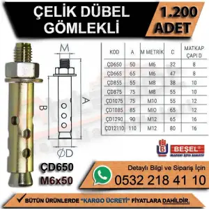BEŞEL ÇELİK DÜBEL GÖMLEKLİ M6X50 (PKT-150 Lİ)
