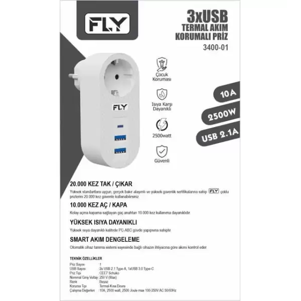 FLY GRUP PRİZ AKIM KORUMALI TEKLİ 2 USB 3400-01