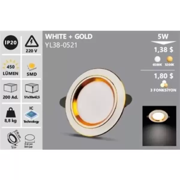 NOAS LED SPOT 5 W BEYAZ-GOLD YL38-0521 (PKT-2 Lİ)