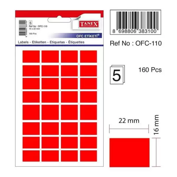 TANEX OFİS ETİ.16X22 MM KIRMIZI 110(PK-10-KT-40LI)